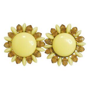 Vintage Yellow & Amber Beaded Sunburst Thermoset Clip-On Earrings Made In Japan